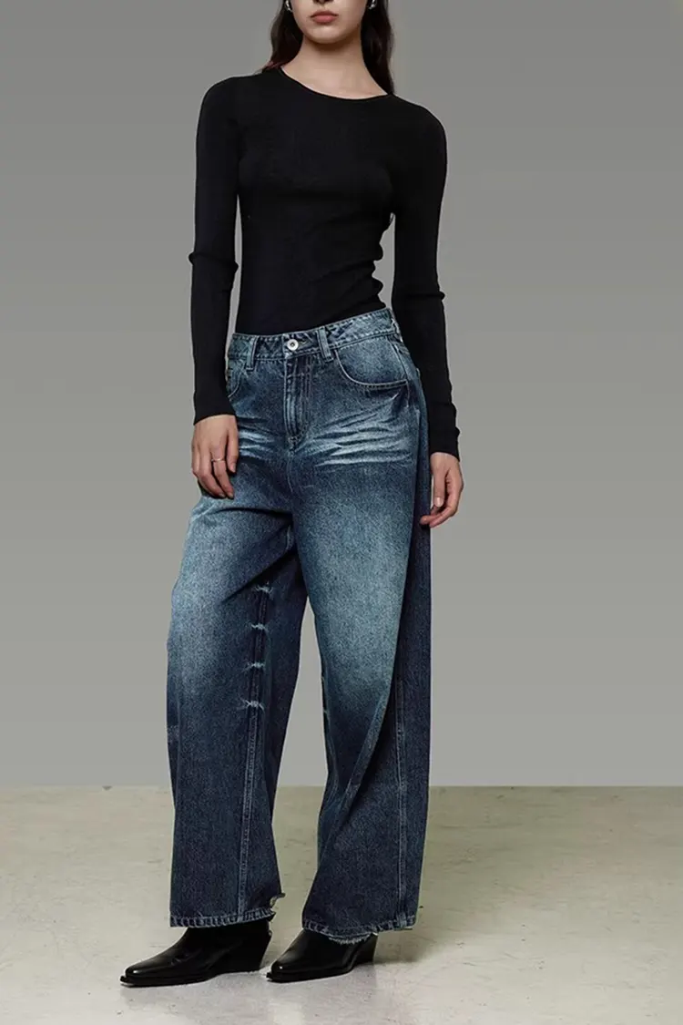 Women's Washed Denim Wide-Leg Pants